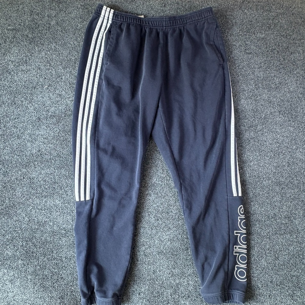 Adidas Jogger Sweatpants‎ Mens 33X26 Navy Blue 3 Striped Spellout Logo Training
